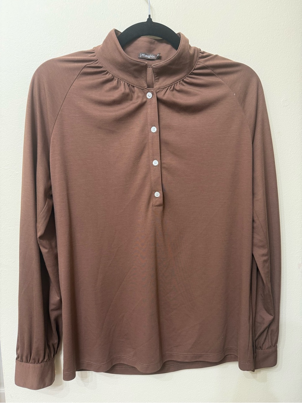 J. McLaughlin XS Chestnut Brown Fall Blouse Stretchy Low Wrinkle Preppy Designer
